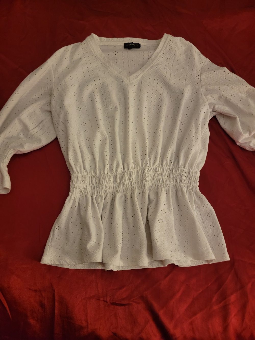 Cocomo White Eyelet Smocked Peplum V-Neck Blouse